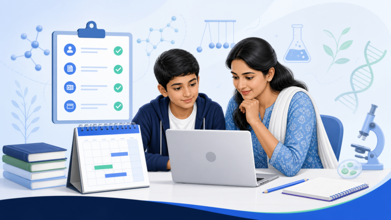Parent and student reviewing the NSEJS 2026 registration schedule on a laptop.